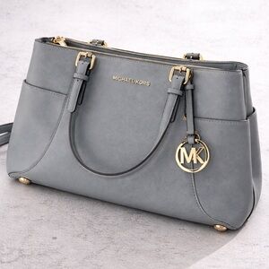 Michael Kors Blue Gray Saffiano Leather Tote Satchel Gold Hardware MK Charm